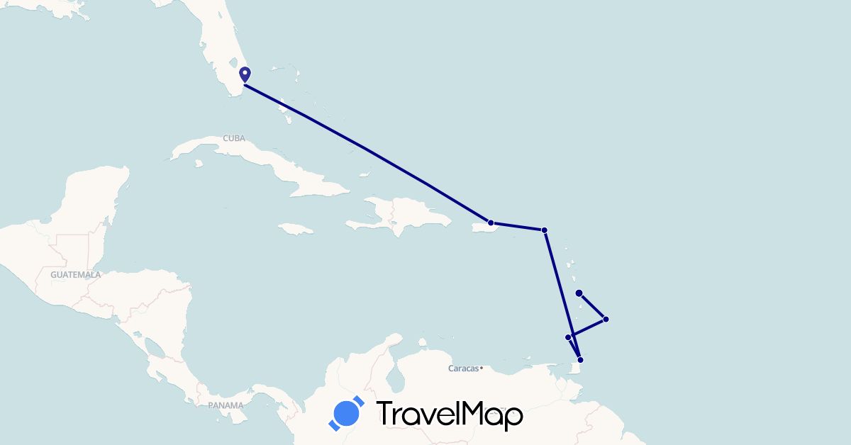 TravelMap itinerary: driving in Barbados, France, Grenada, Trinidad and Tobago, United States (Europe, North America)